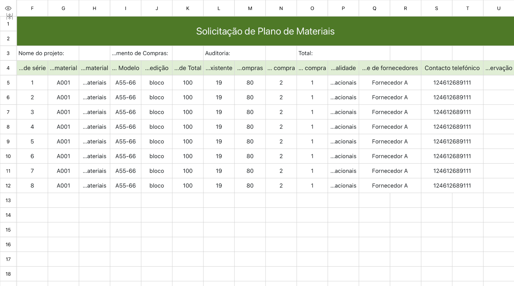 Formulário de solicitação de plano de materiais